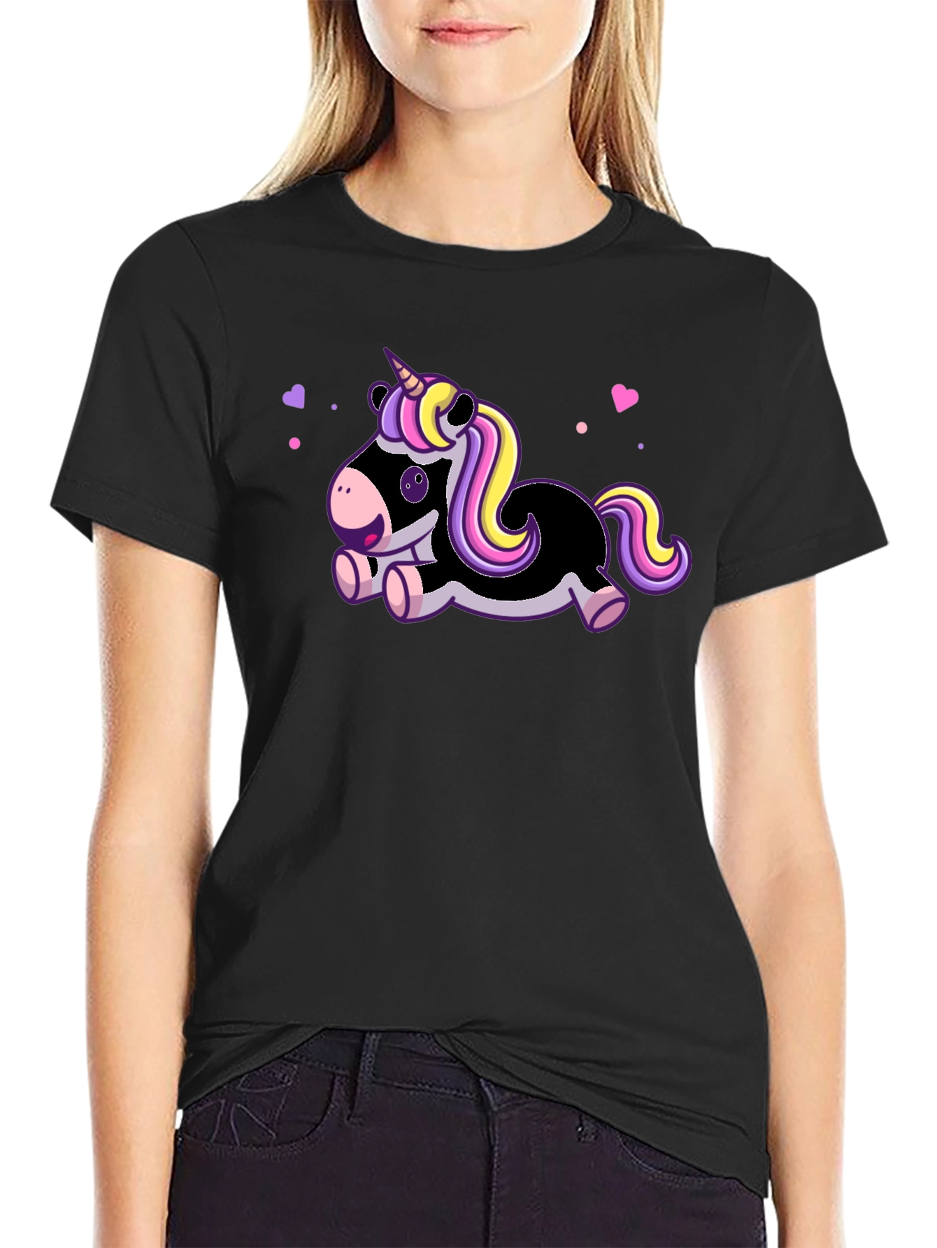 Black Cute Cartoon Unicorn Black T-Shirt view 2