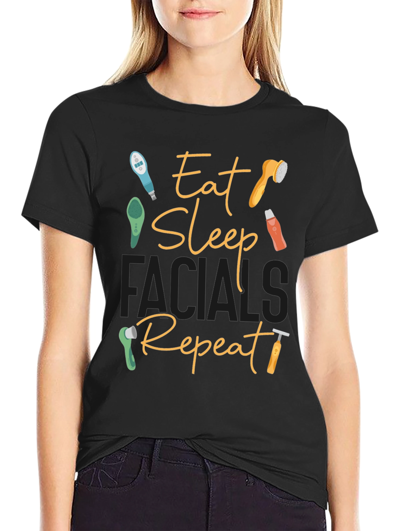 Black Eat Sleep Facials Repeat Graphic Tee view 2