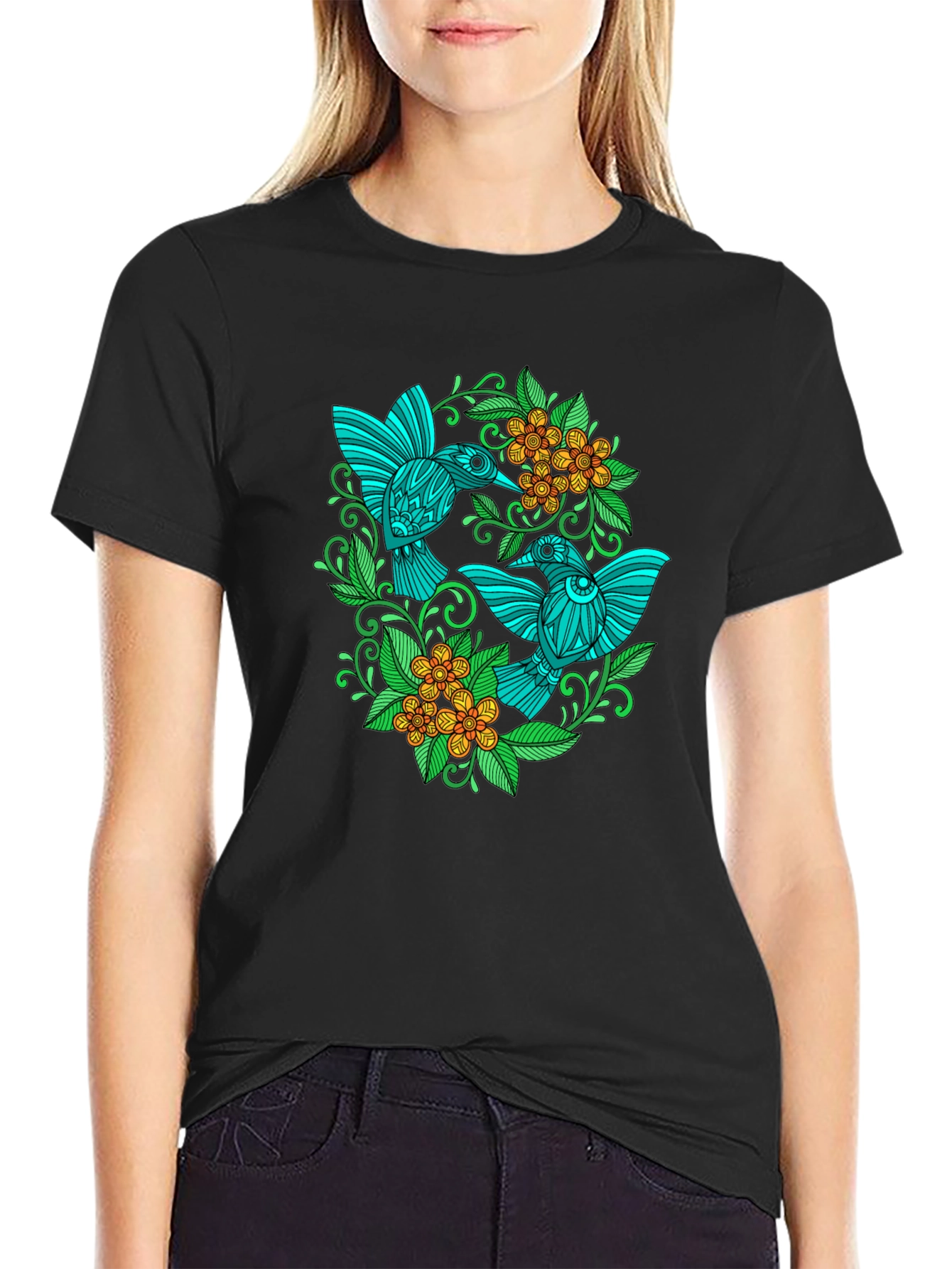 Black Hummingbird Floral T-Shirt - Black view 2