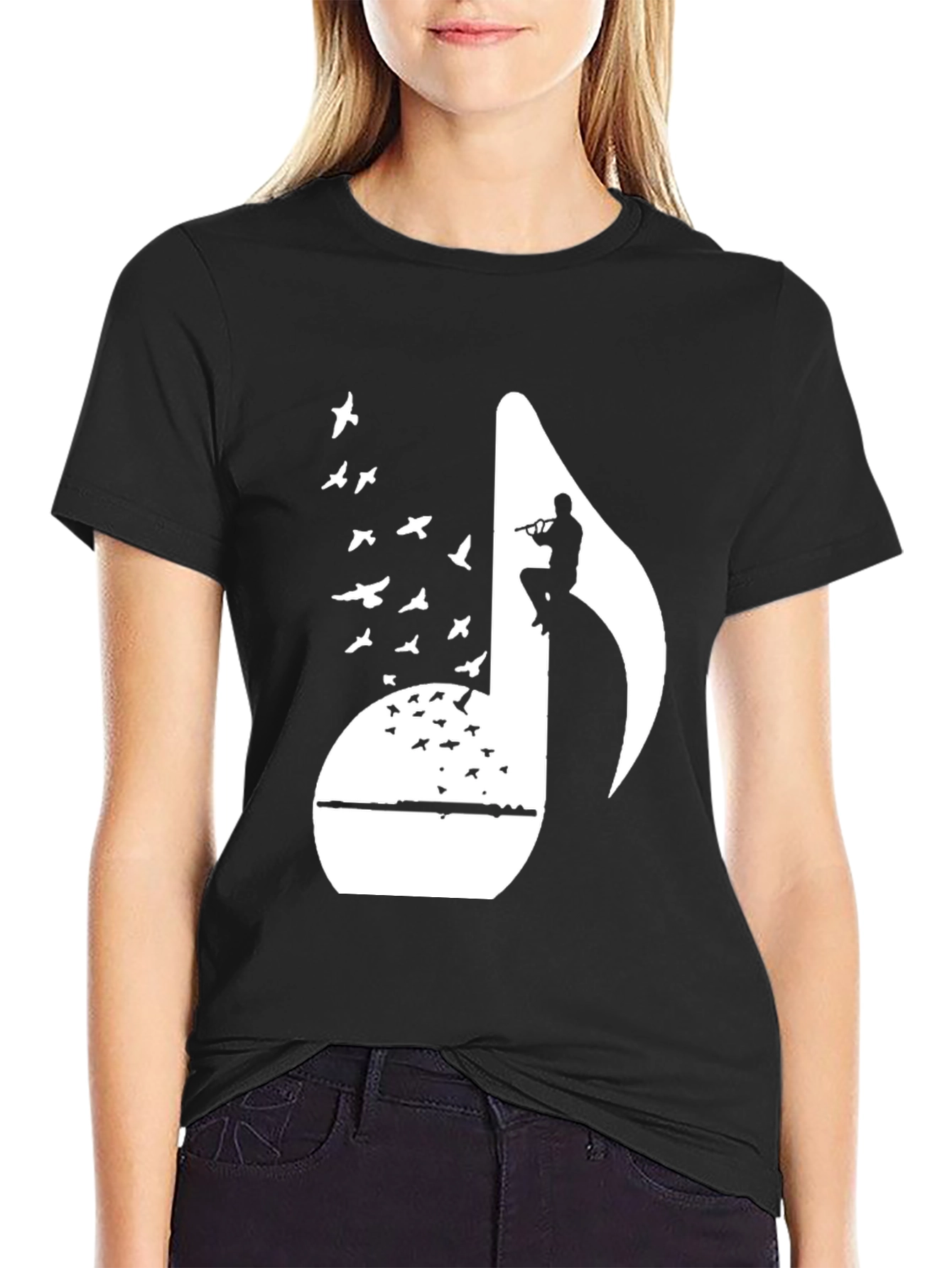 Black Musical Note Flute Player Graphic Tee - Black Cotton T-Shirt view 2