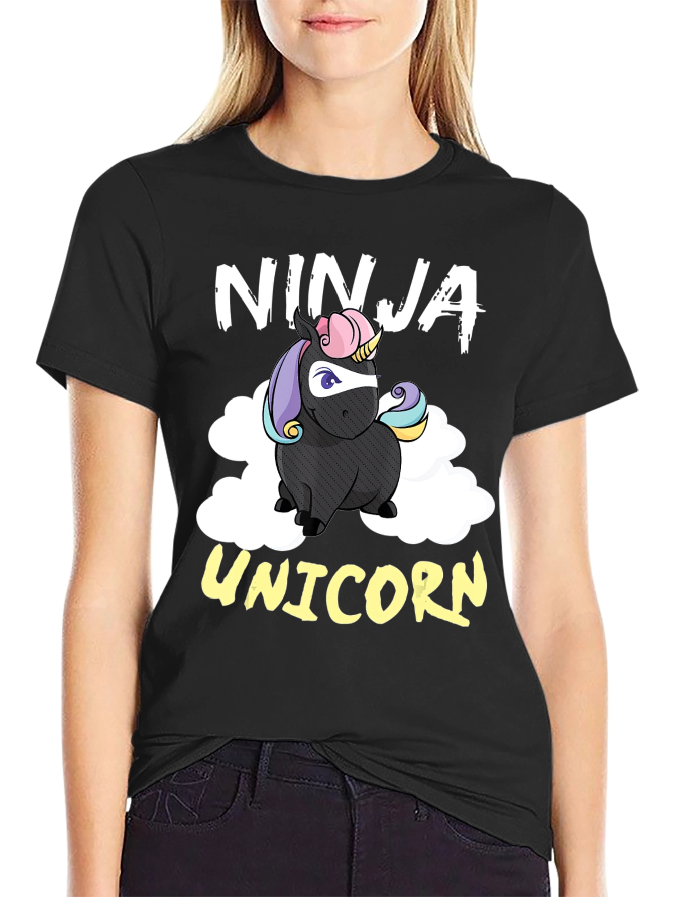 Black Ninja Unicorn Graphic Tee - Funny Cartoon T-Shirt view 2