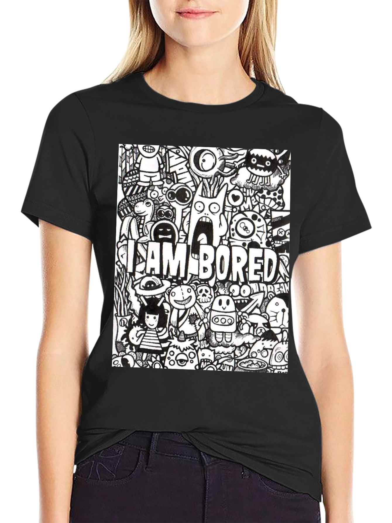 Black I Am Bored Doodle Art Graphic Tee view 2