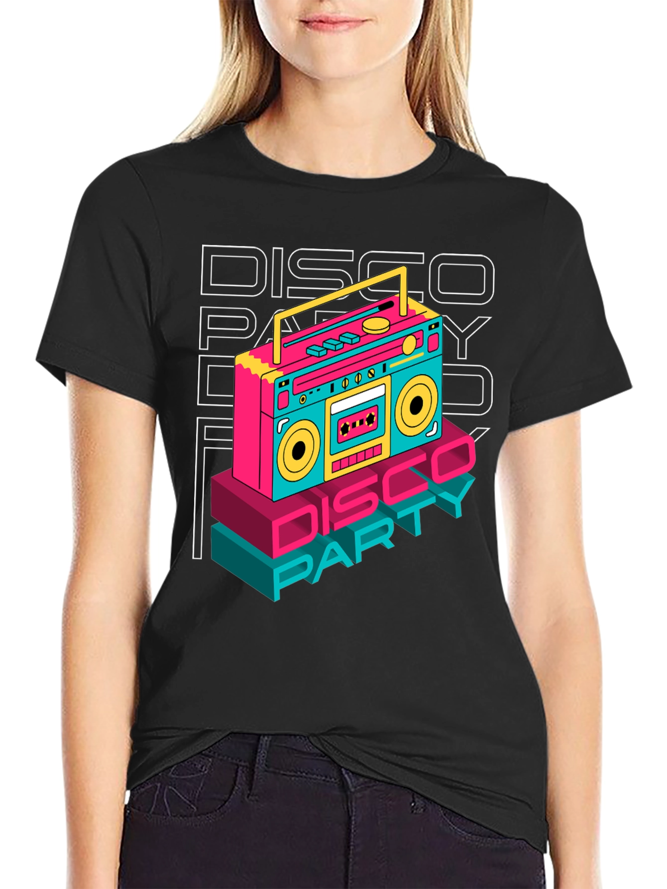 Black Retro Disco Party T-Shirt - Boombox Graphic view 2