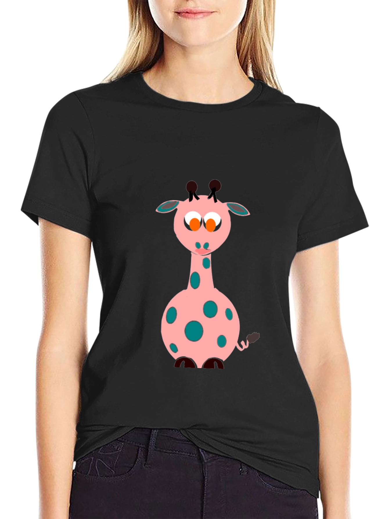 Black Cartoon Giraffe Black T-Shirt view 2