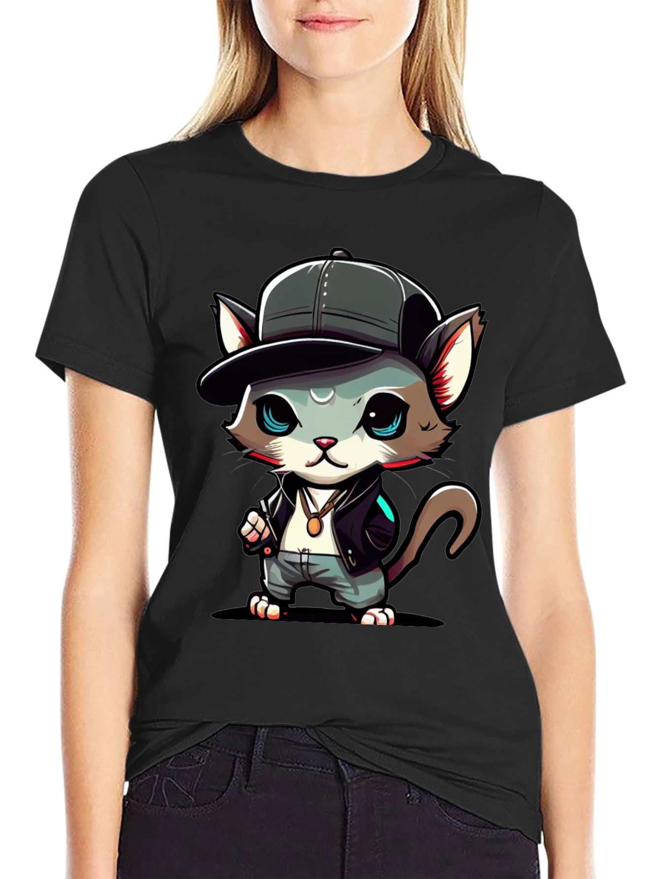 Black Cool Cat Cartoon T-Shirt view 2