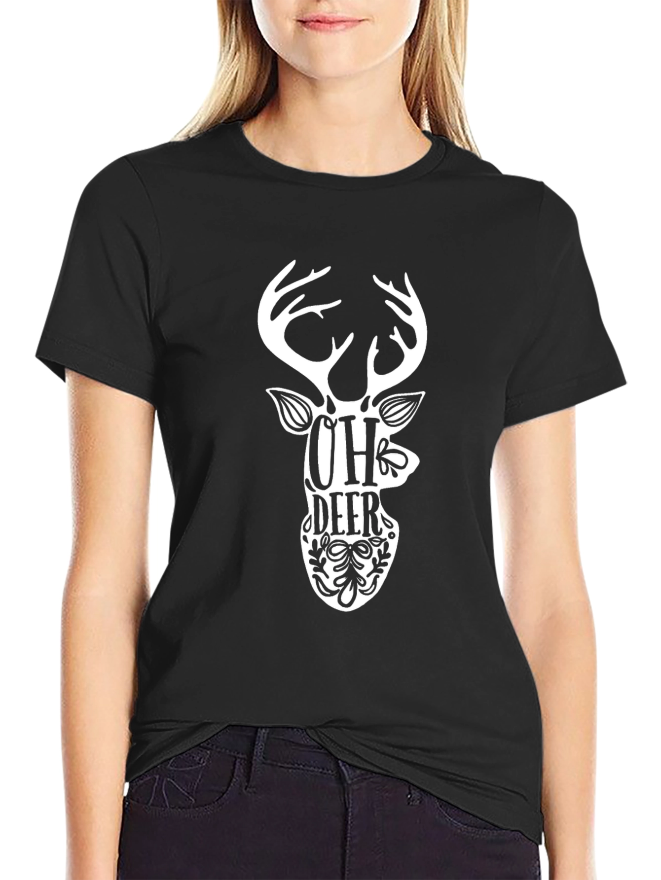 Black Oh Deer Graphic Tee - Black Cotton T-Shirt view 2