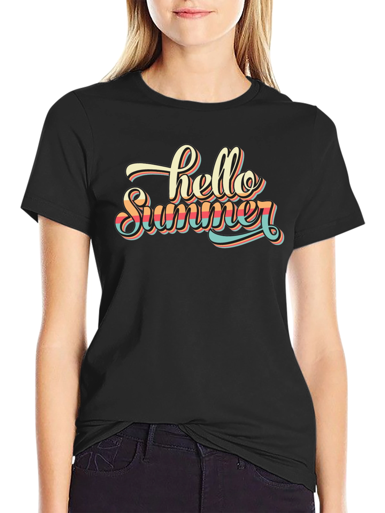Black Hello Summer Graphic T-Shirt - Retro Style Black Tee view 2