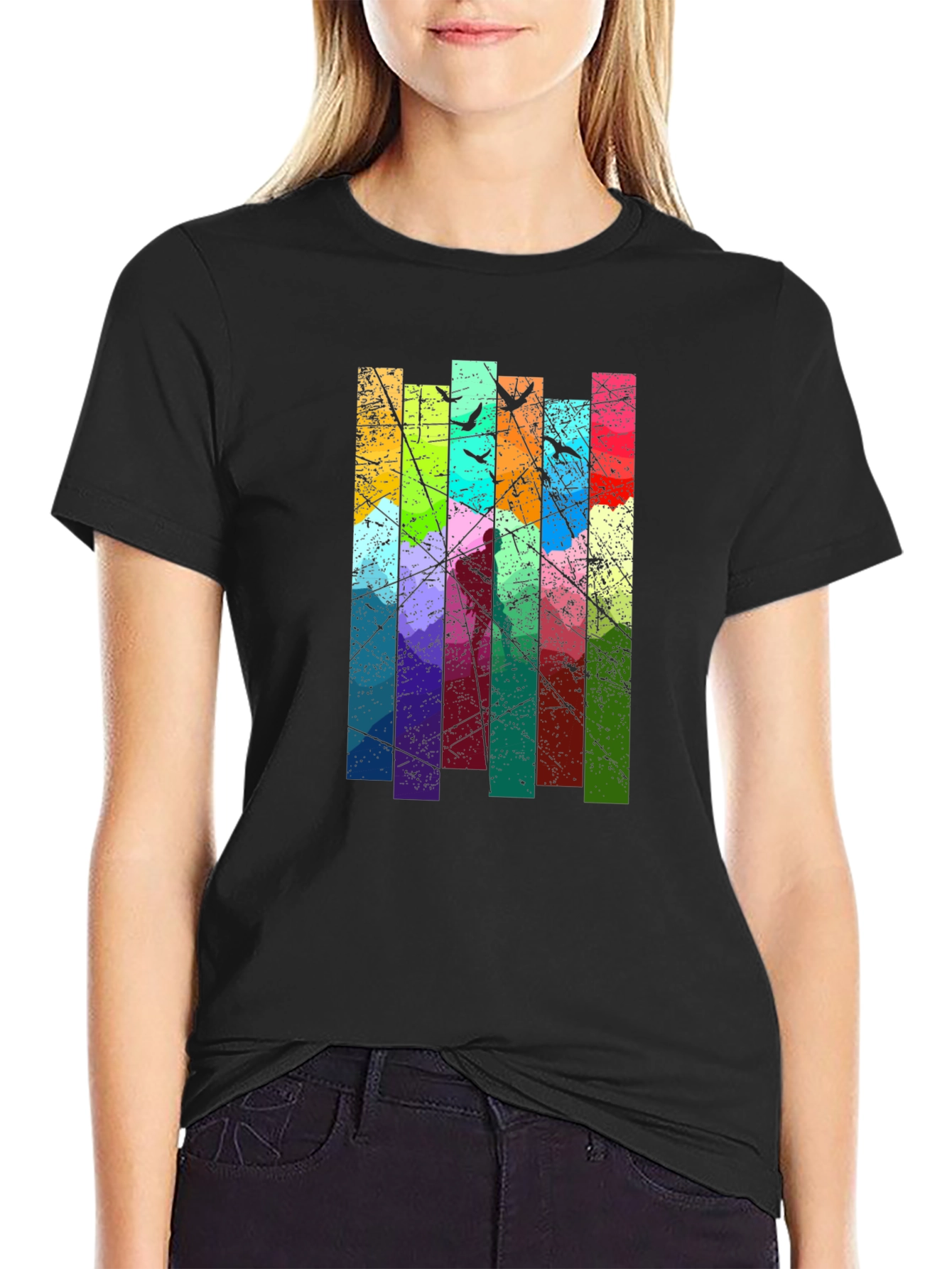 Black Abstract Art Birds on a Wire Graphic T-Shirt view 2