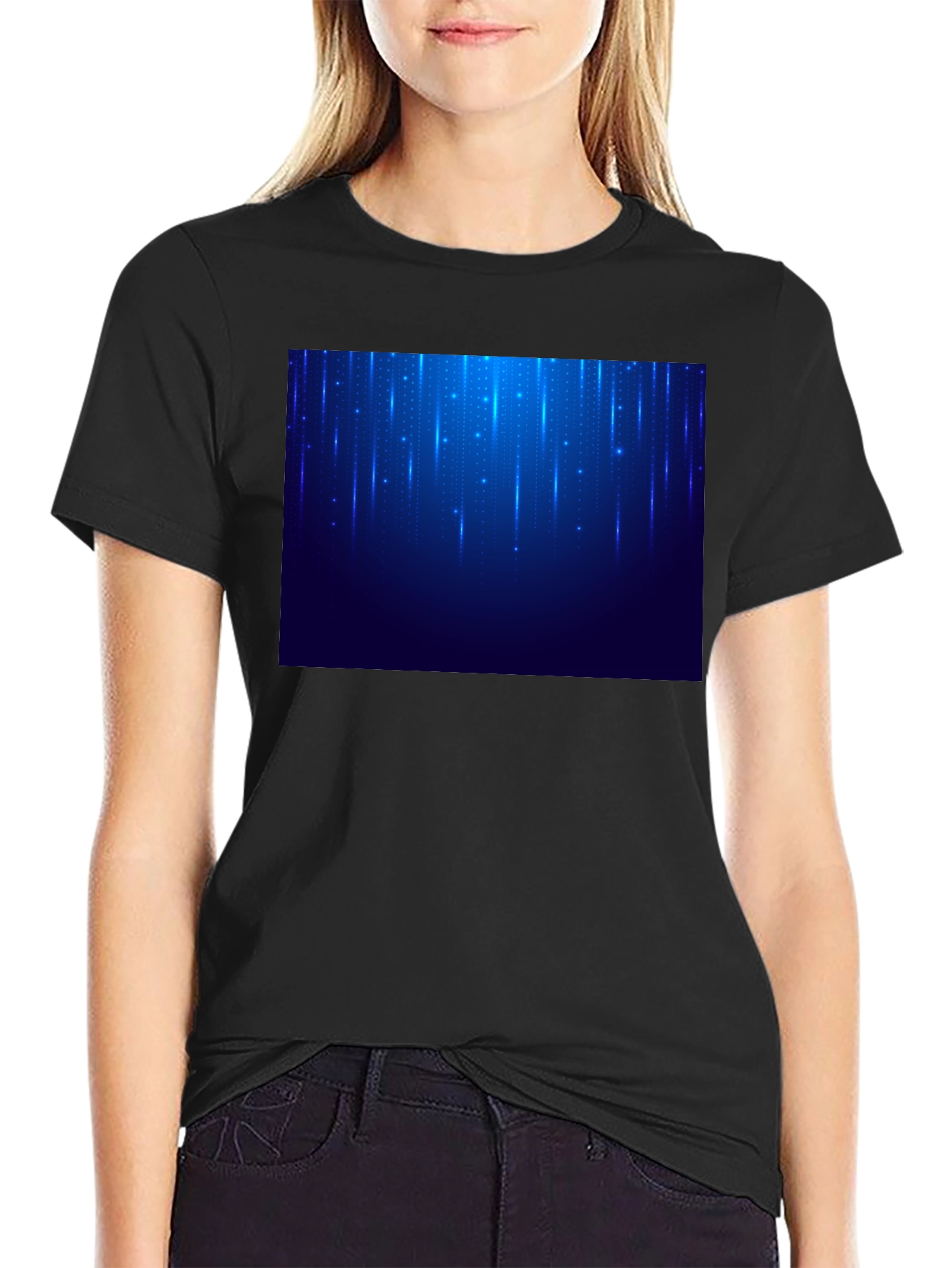 Black Men's Black T-Shirt with Blue Light Design view 2