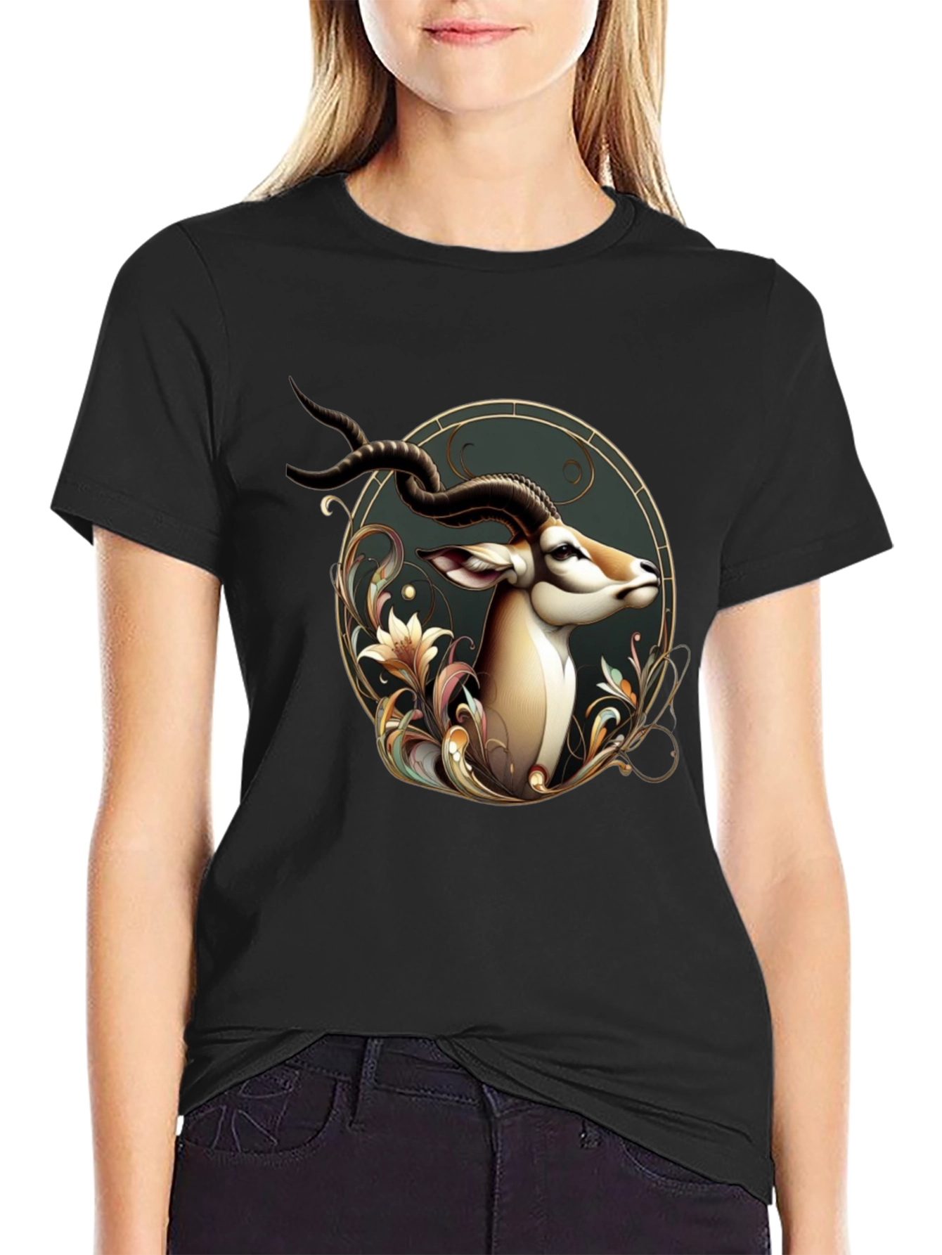 Black Elegant Antelope Graphic Tee - Men's Black T-Shirt view 2