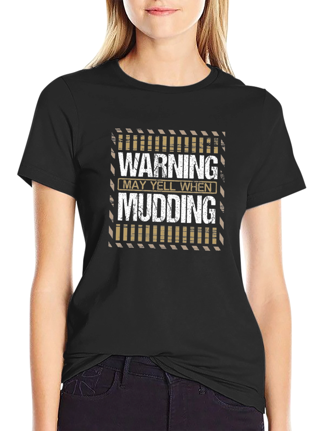 Black Warning May Yell Mudding Graphic T-Shirt view 2