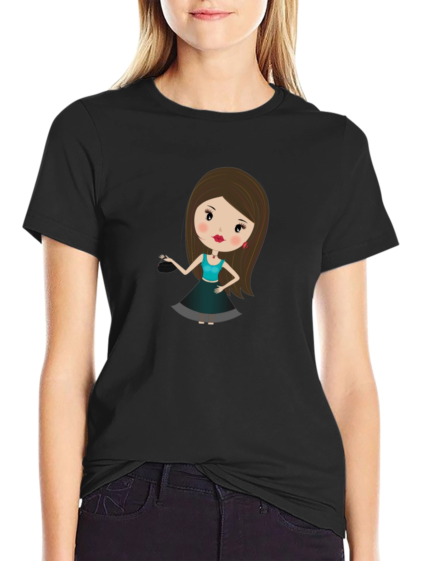 Black Cute Cartoon Girl Print Black T-Shirt view 2