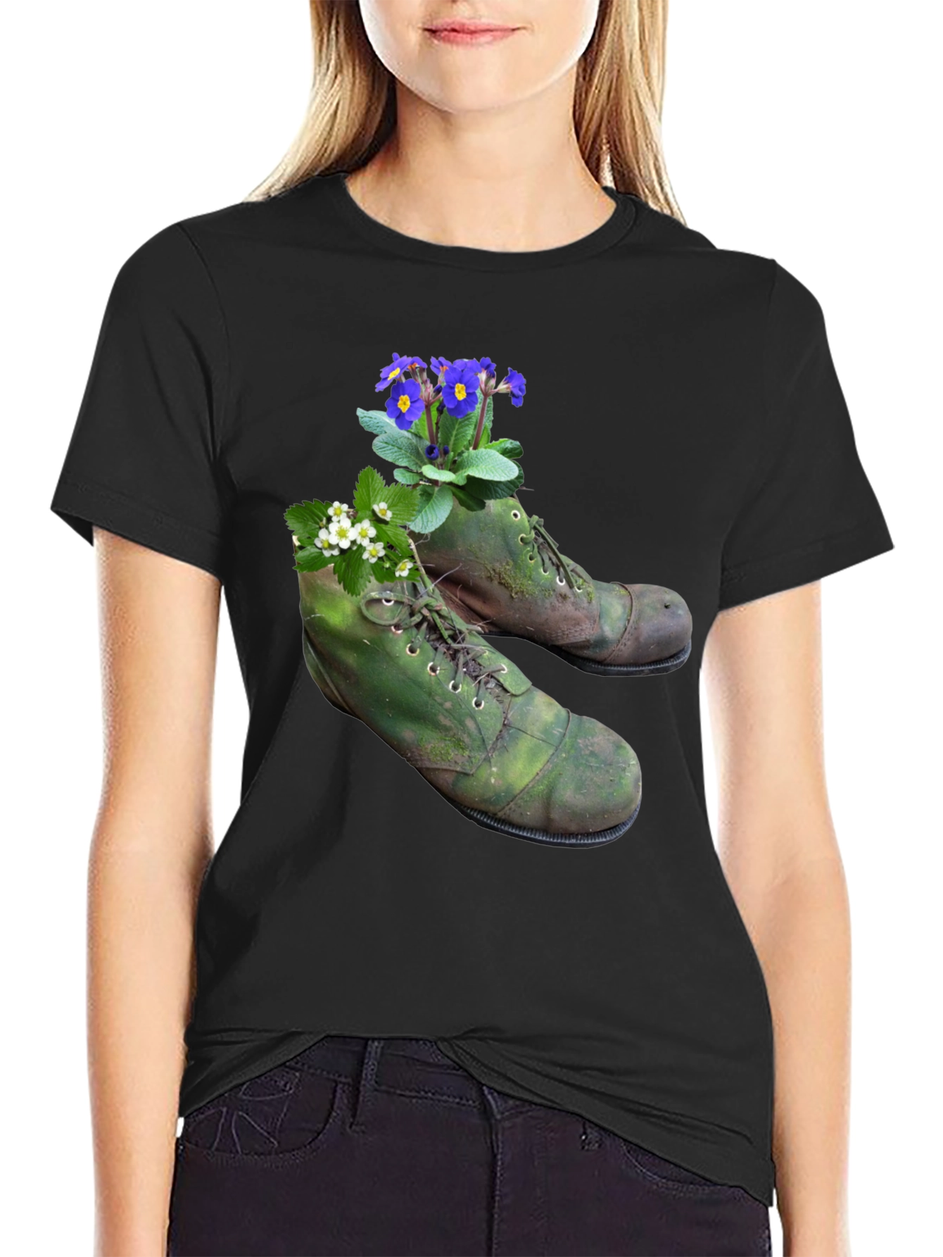 Black Floral Boots Graphic Tee - Nature Inspired Fashion view 2