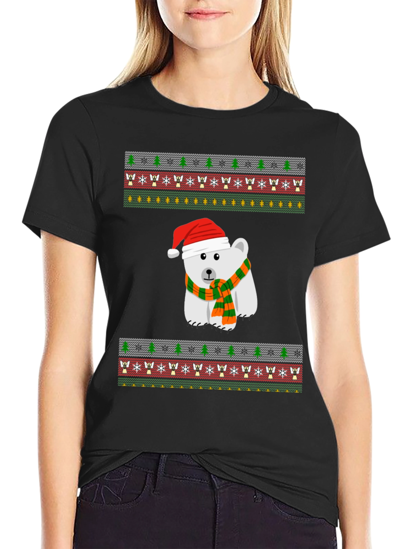 Black Festive Polar Bear Holiday T-Shirt view 2