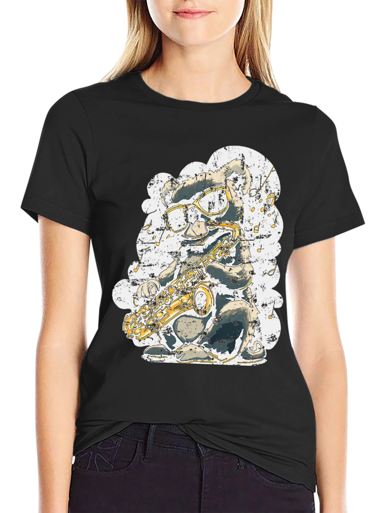 Black Cool Cartoon Mouse Saxophone Player Graphic T-Shirt view 2