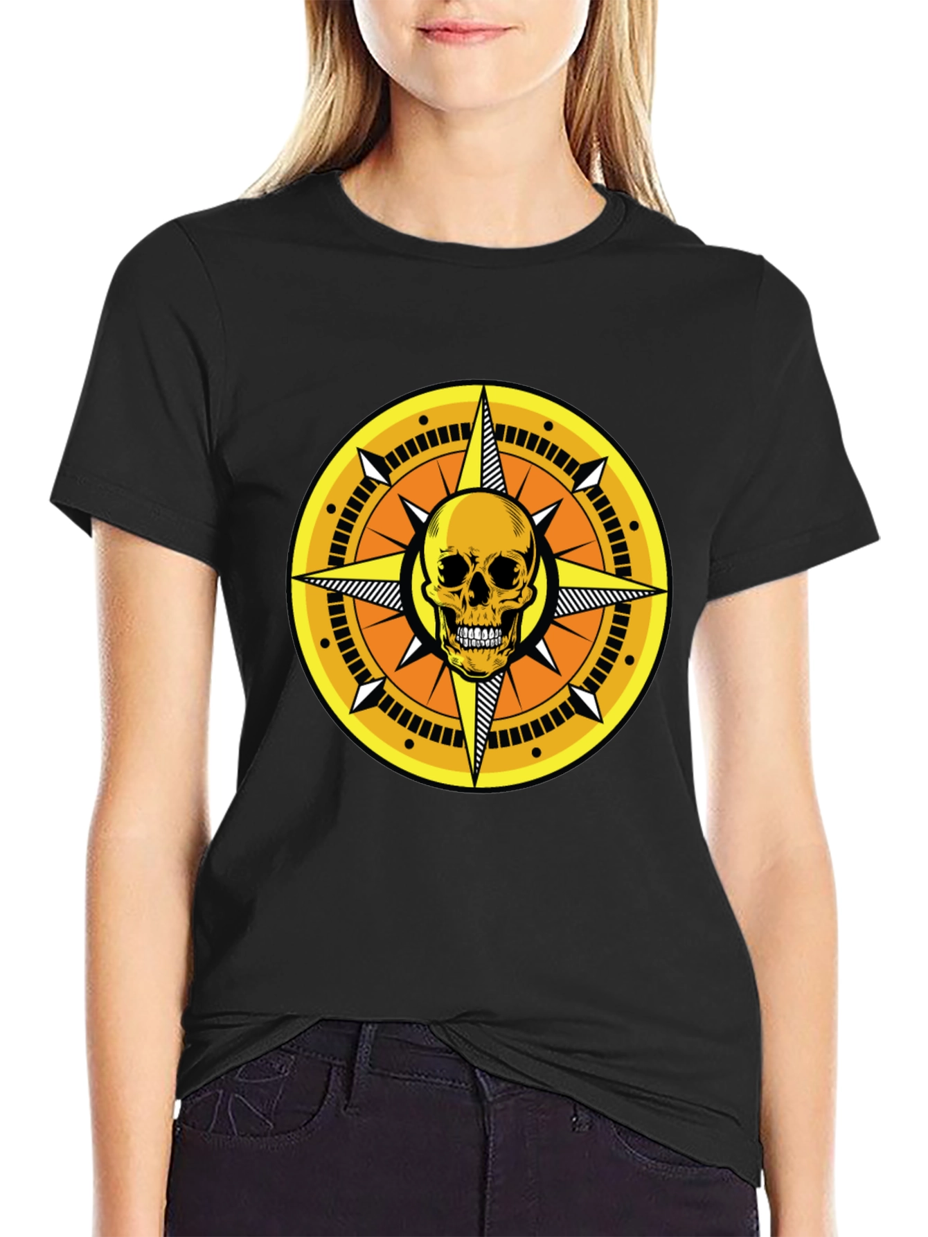 Black Skull Compass Graphic Tee - Black Cotton Shirt view 2