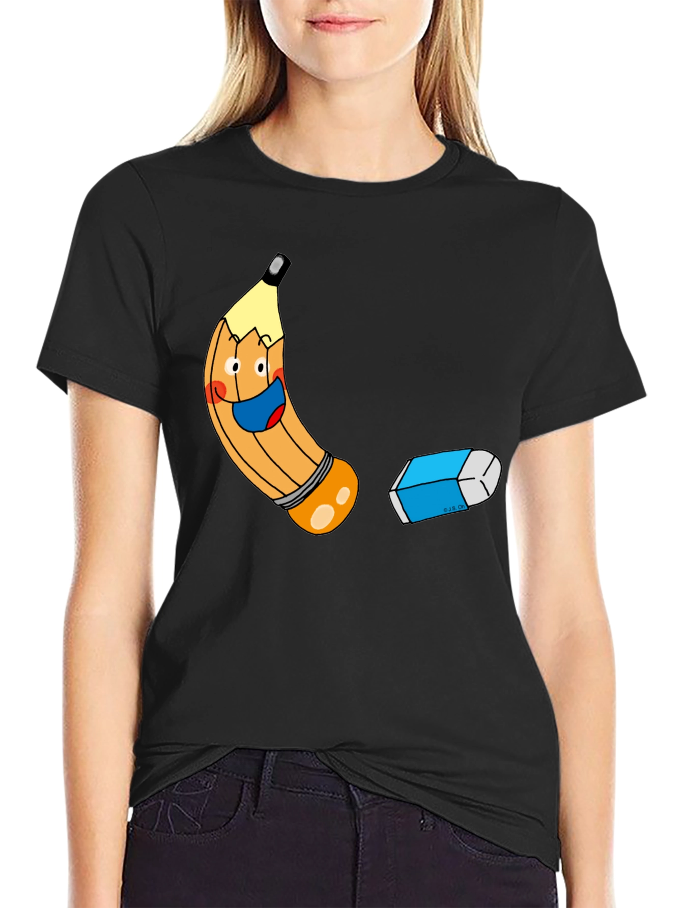 Black Cartoon Pencil & Eraser Graphic Tee view 2