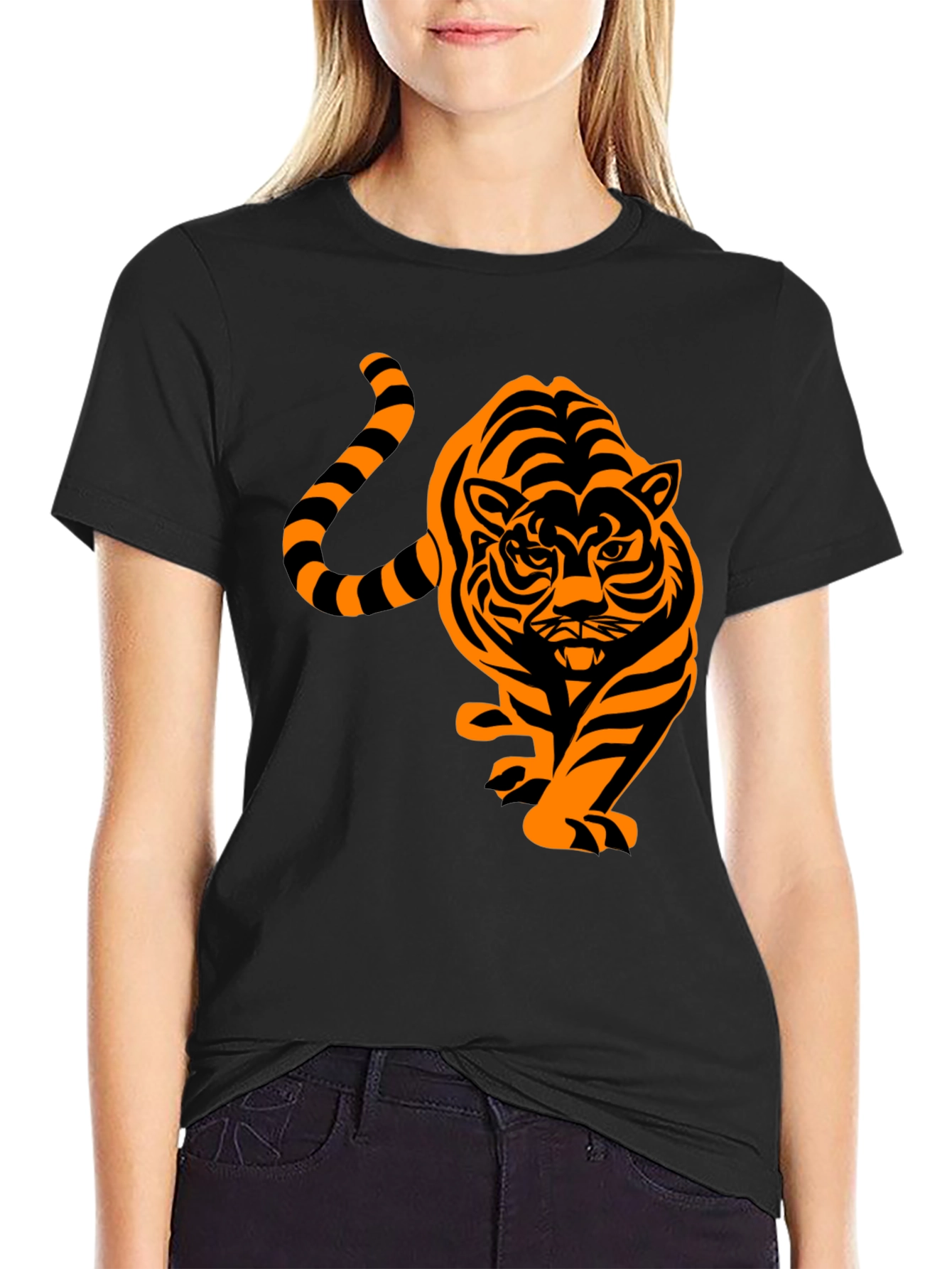 Black Men's Black T-Shirt with Orange Tiger Design view 2