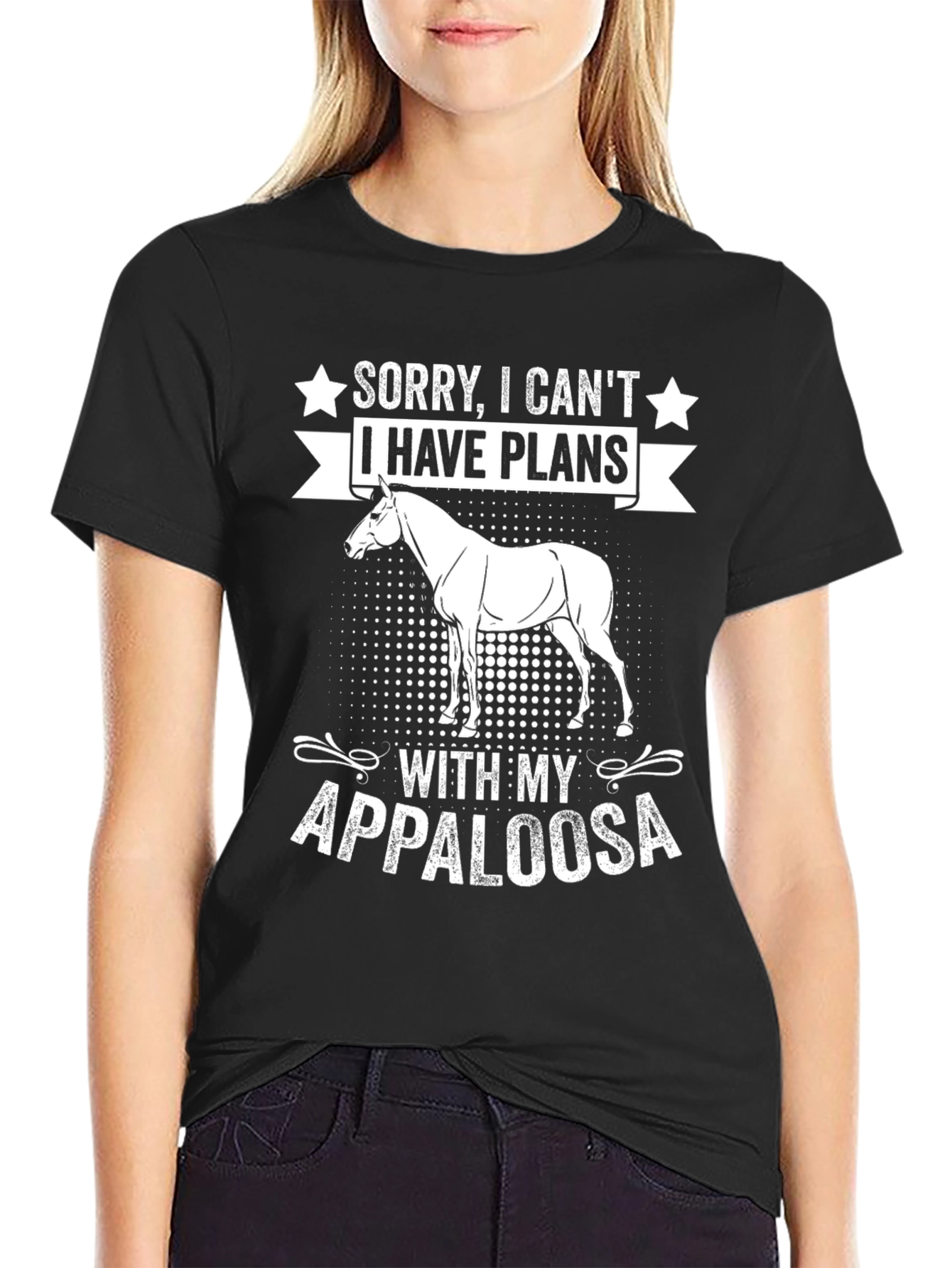 Black Appaloosa Horse Graphic Tee - Sorry, I Can't, Plans T-Shirt view 2