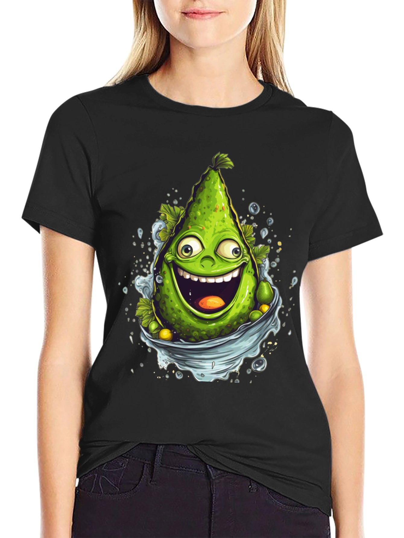 Black Funny Avocado Cartoon Graphic T-Shirt view 2