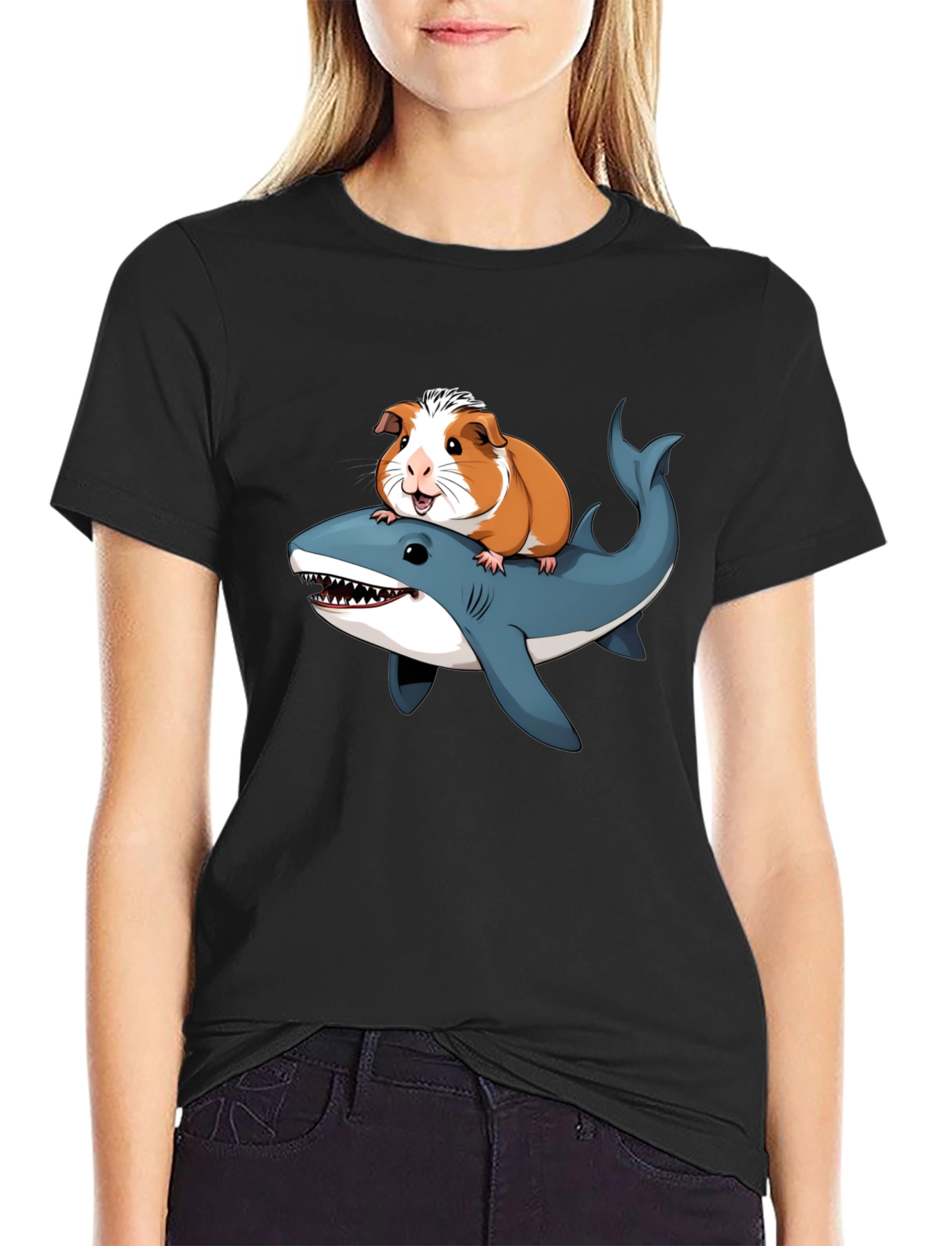 Black Guinea Pig Riding Shark Funny T-Shirt view 2