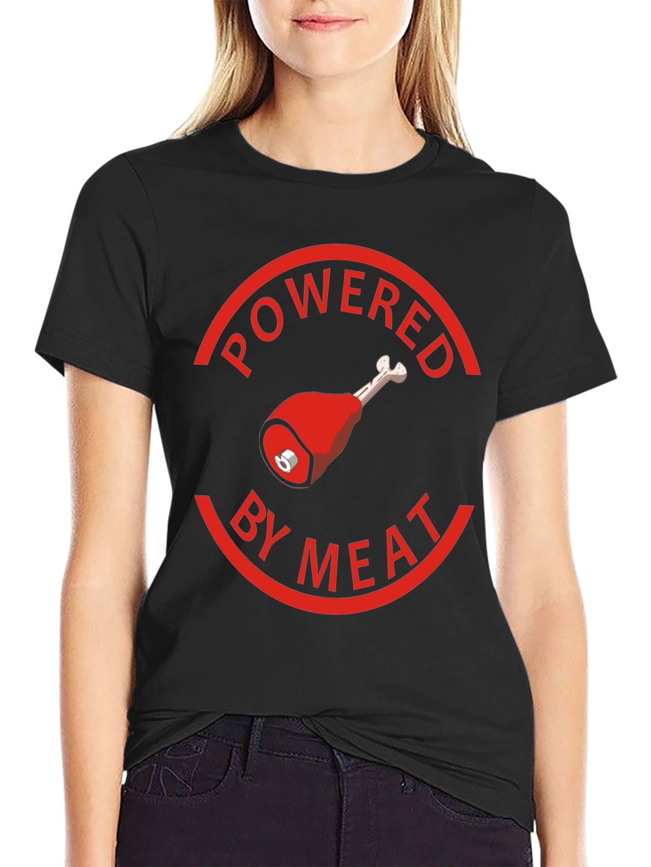Black Powered By Meat T-Shirt - Novelty Graphic Tee view 2