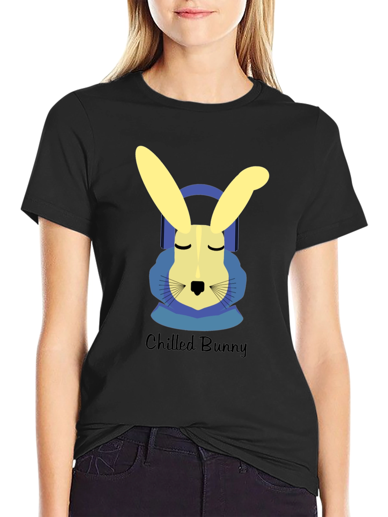 Black Chilled Bunny Graphic Tee - Black Cotton T-Shirt view 2