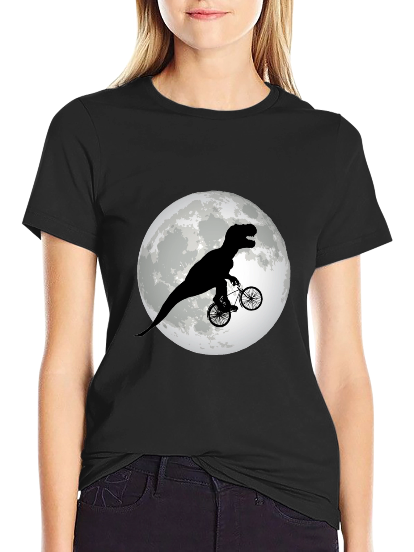 Black Dino Biker T-Shirt - Funny T-Rex Riding Bicycle Moon Tee view 2