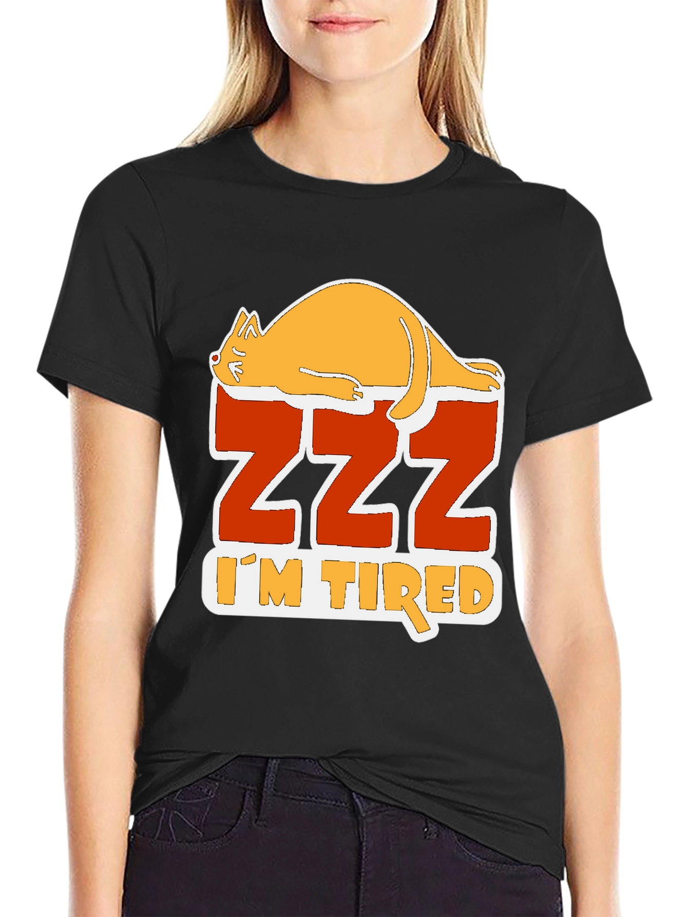 Black Funny Cat Zzz I'm Tired Graphic T-Shirt view 2