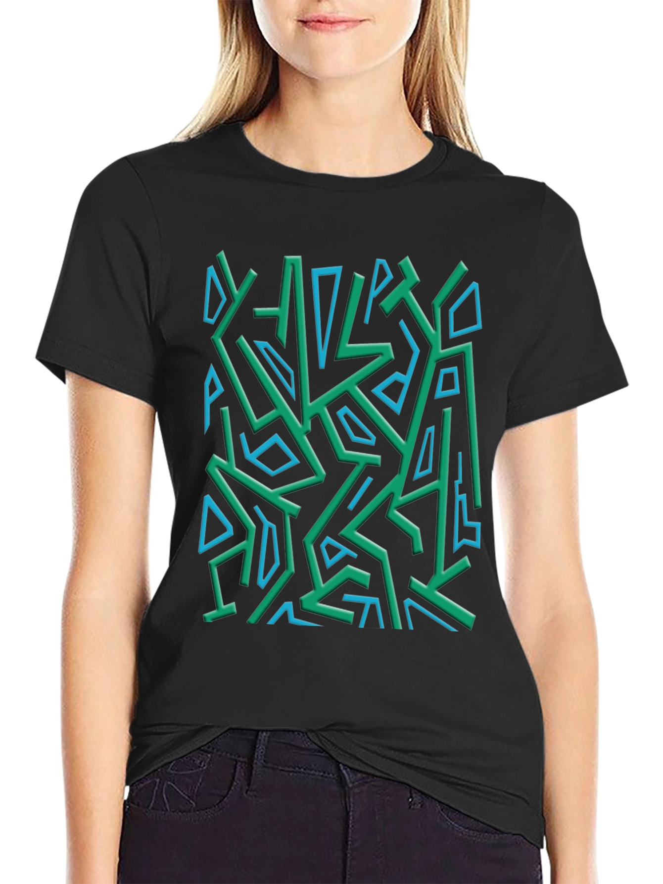 Black Abstract Geometric Print Crew Neck Tee view 2
