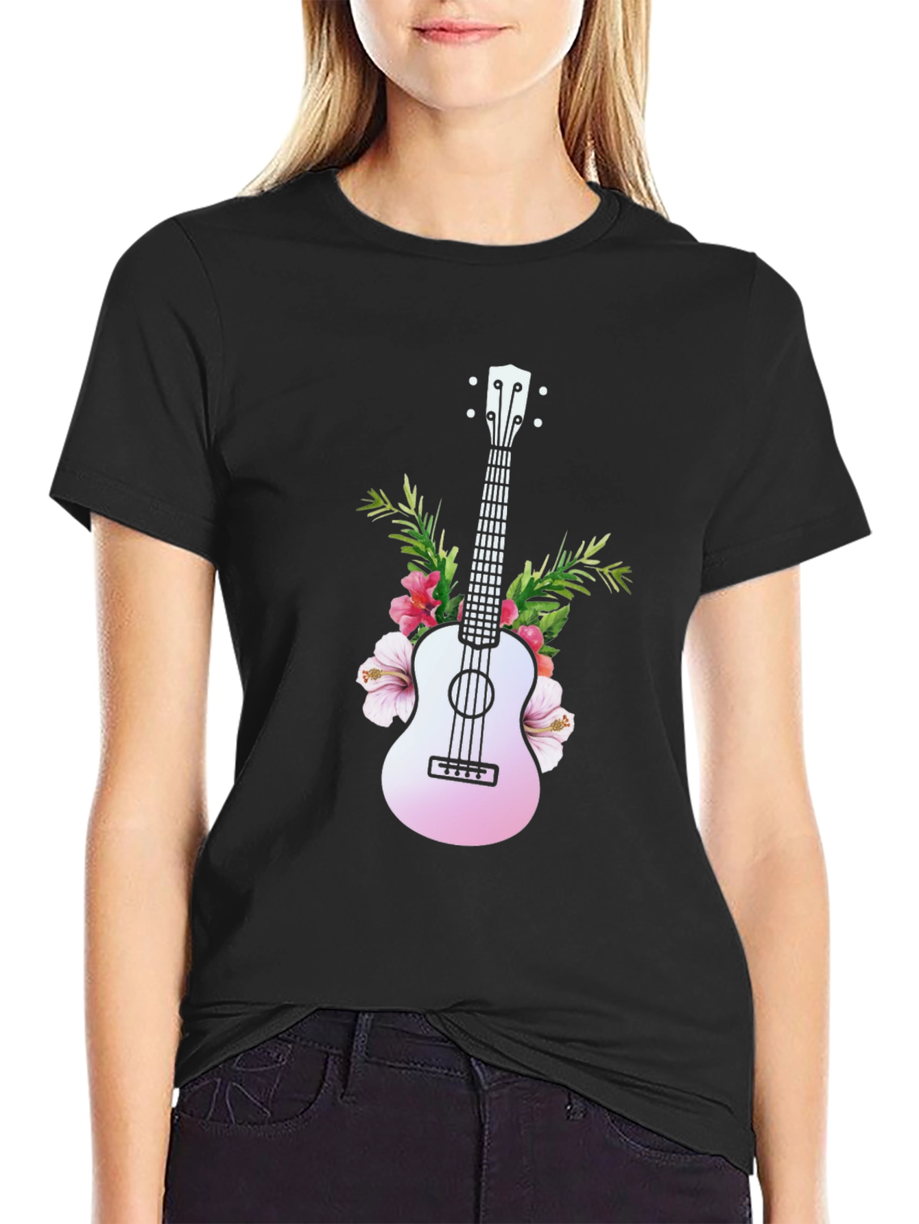 Black Tropical Ukulele Graphic Tee - Black Cotton T-Shirt view 2