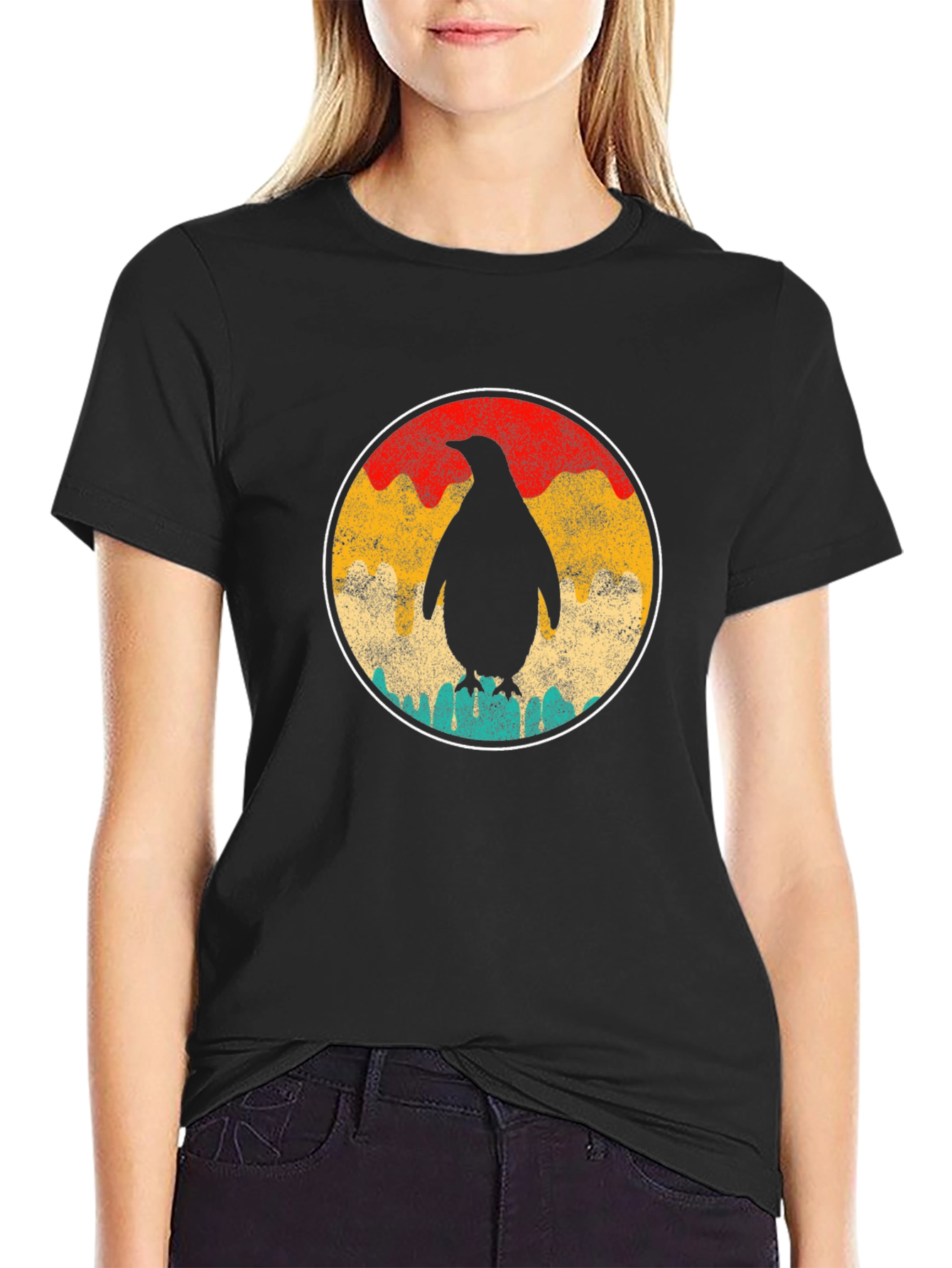 Black Retro Penguin Graphic Tee - Unisex Black T-Shirt view 2