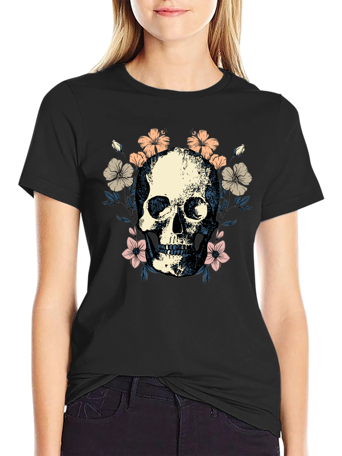 Black Floral Skull Graphic Tee - Stylish Black T-Shirt view 2