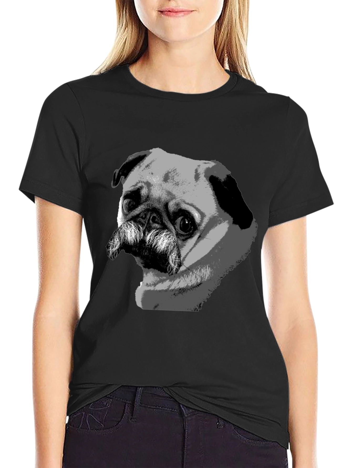 Black Pug Mustache Graphic Black T-Shirt view 2