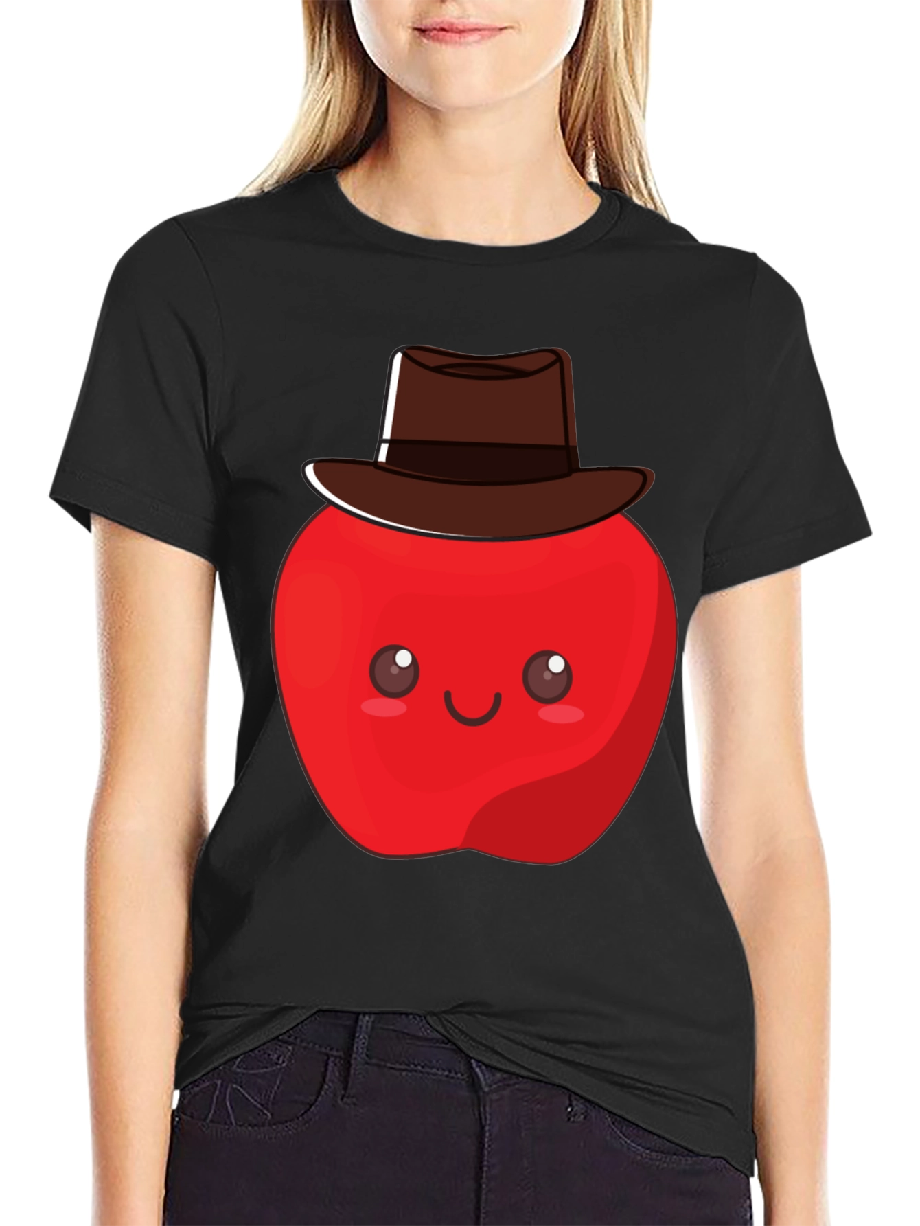 Black Cute Apple Cowboy T-Shirt - Unisex Graphic Tee view 2