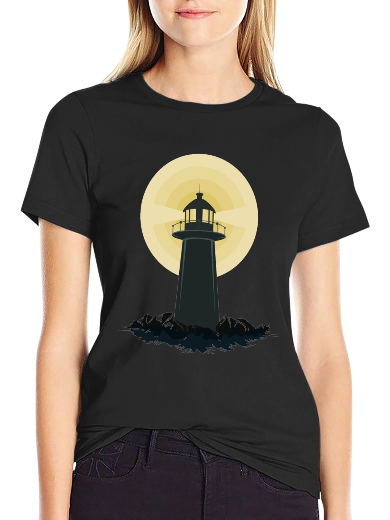 Black Lighthouse Graphic T-Shirt - Black Cotton Blend view 2