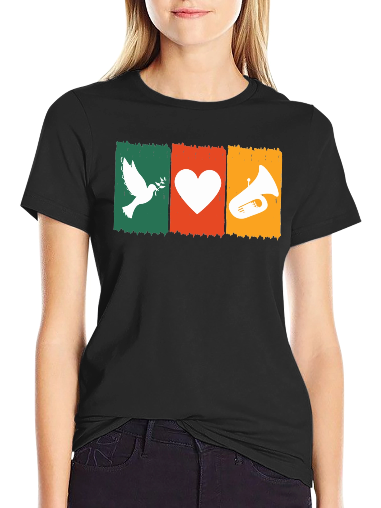 Black Peace, Love, Tuba T-Shirt: Soft Cotton Tee view 2