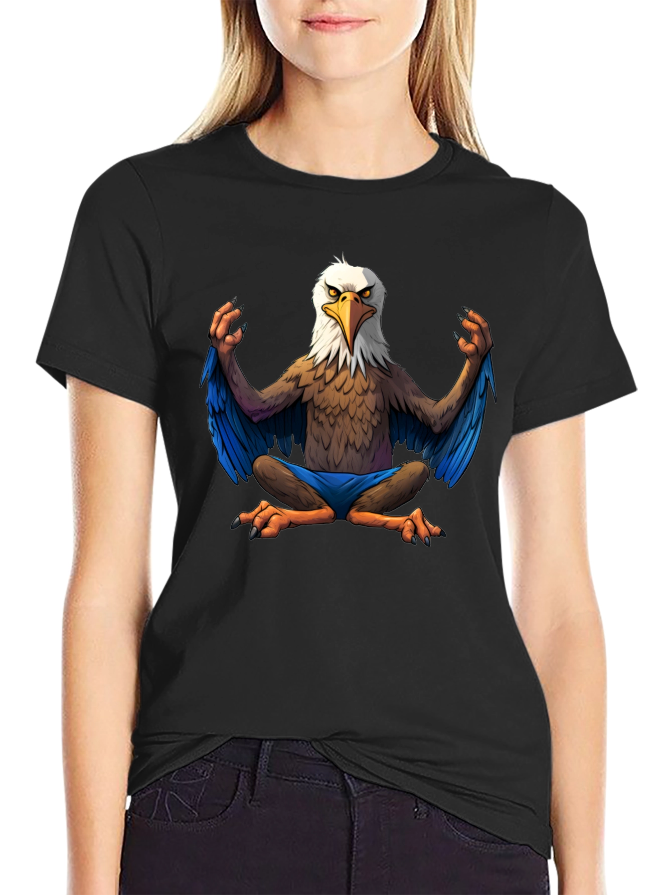 Black Meditating Eagle Cartoon T-Shirt view 2