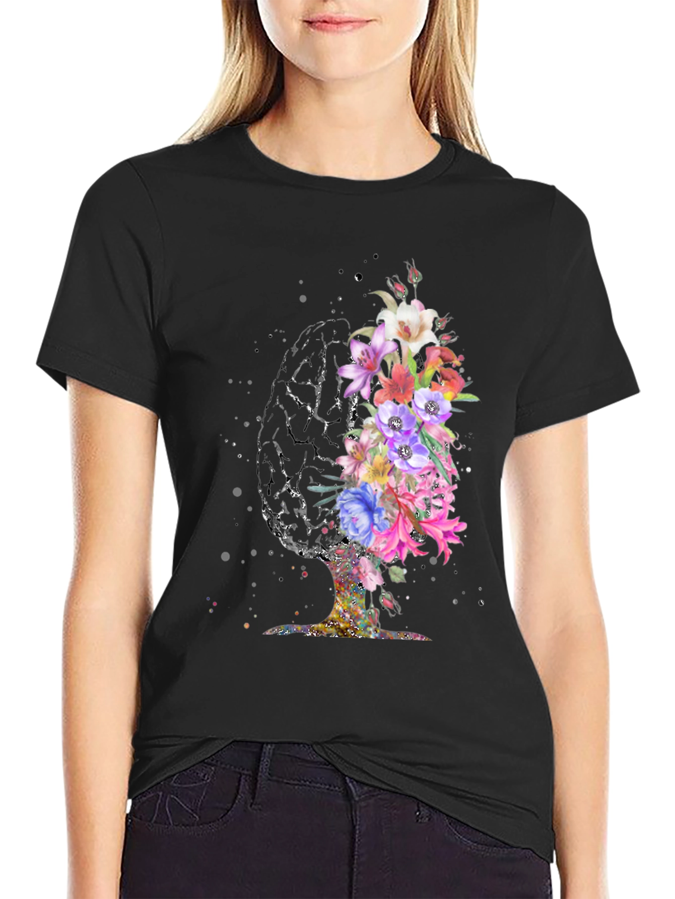 Black Floral Brain Graphic T-Shirt view 2