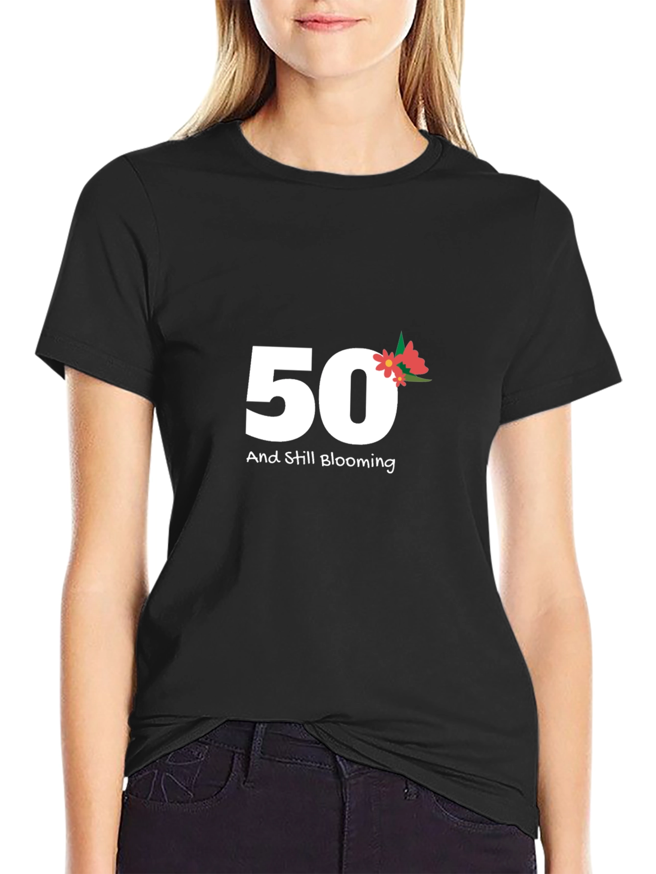 Black 50th Birthday Blooming Black Tee view 2