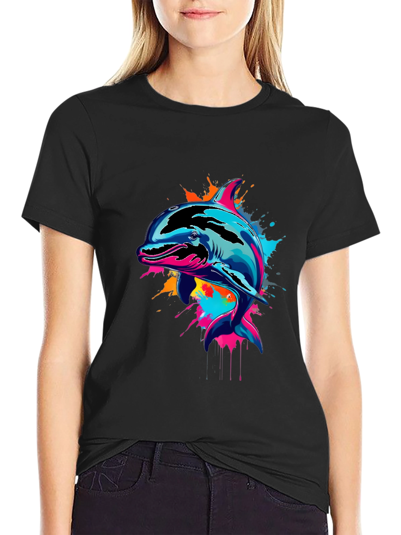Black Vibrant Dolphin Graphic Tee - Men's Black T-Shirt view 2