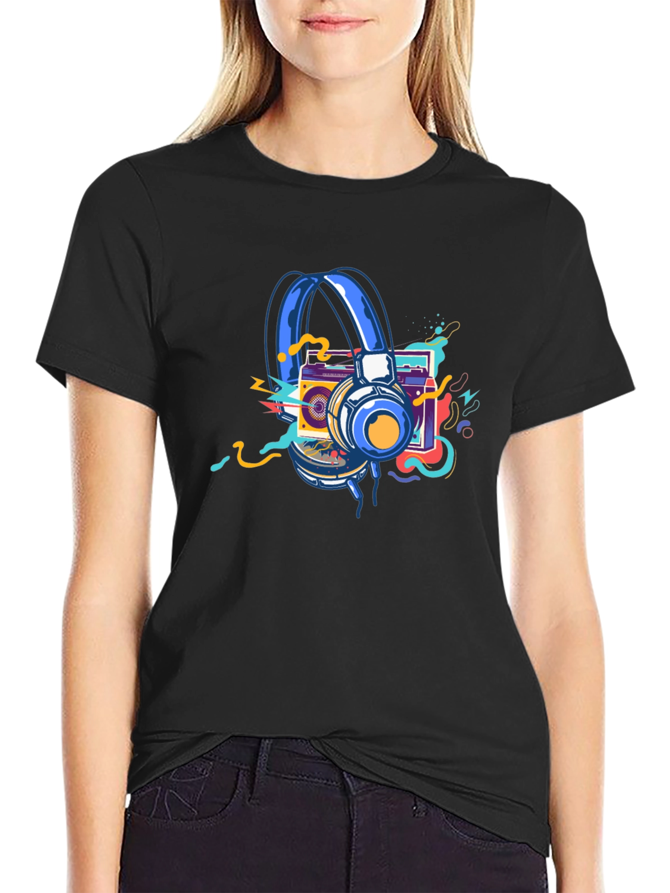 Black Retro Music Graphic T-Shirt: Headphones & Boombox view 2
