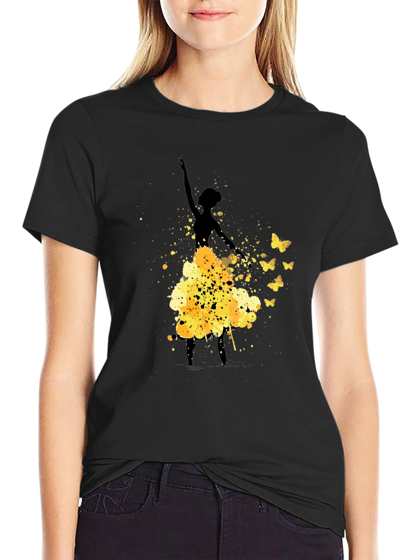 Black Ballerina Butterfly Black Graphic T-Shirt view 2