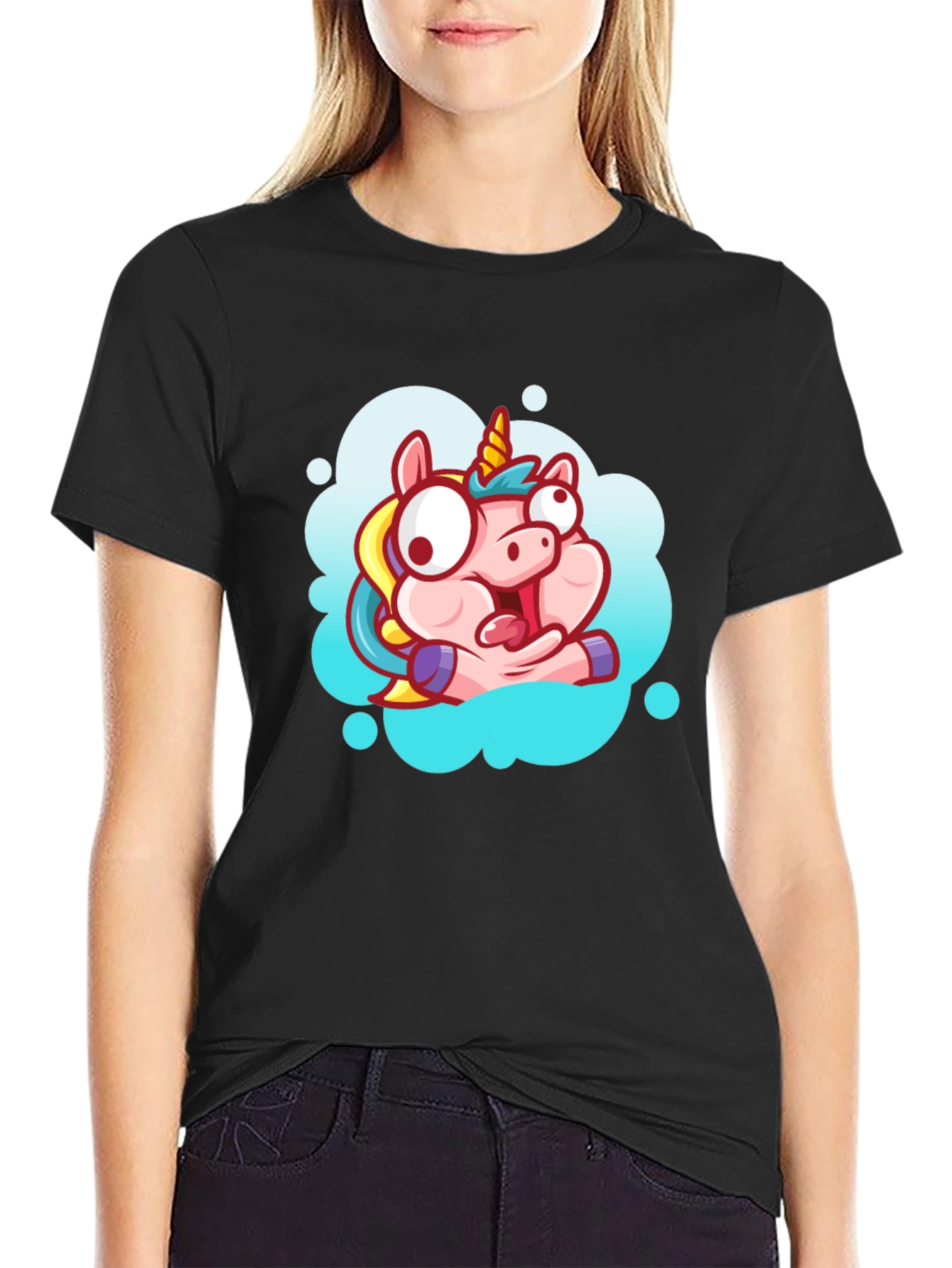 Black Unicorn Cartoon Graphic Black T-Shirt view 2