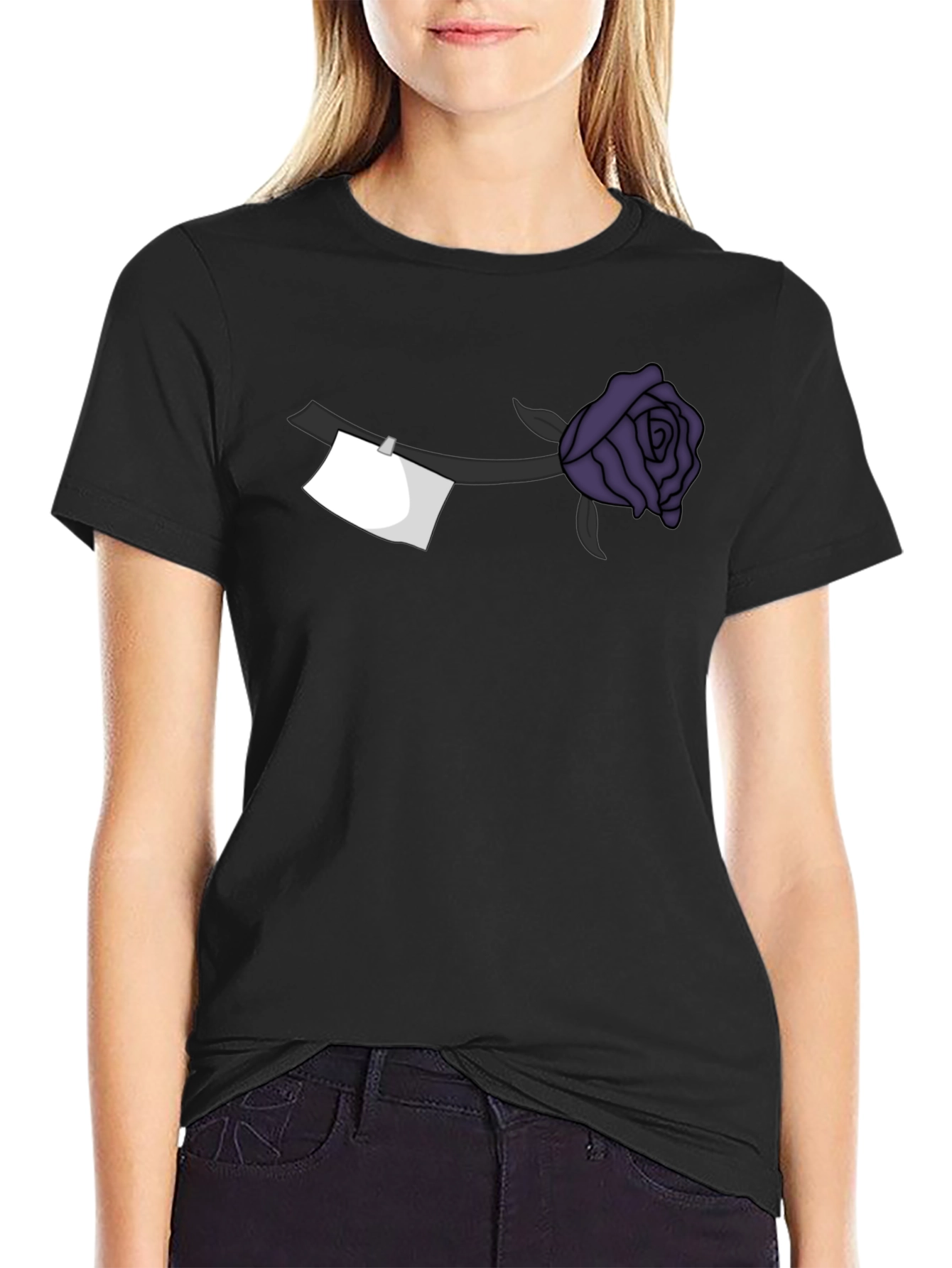 Black Black T-Shirt with Purple Rose and Note Design view 2