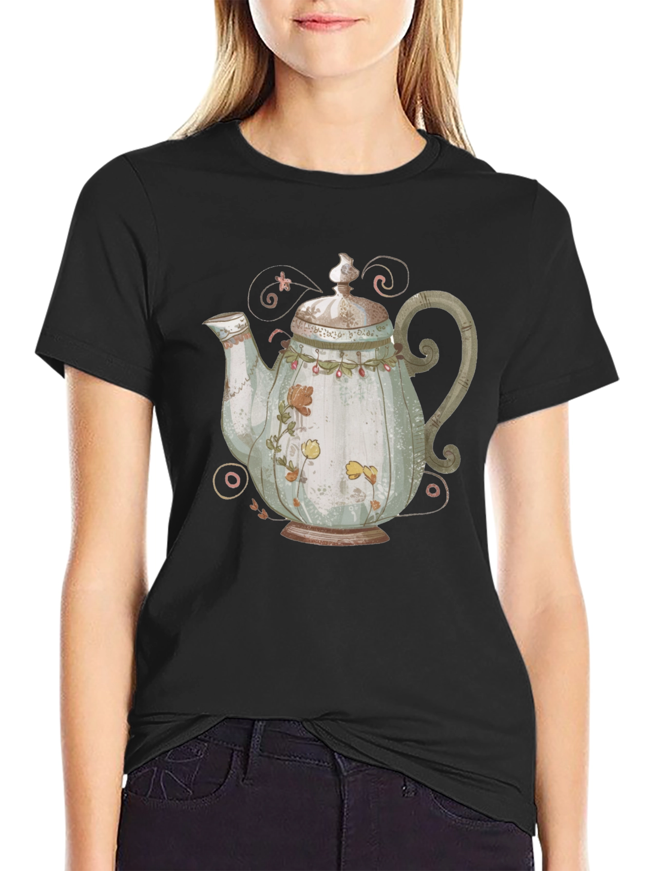 Black Vintage Teapot Graphic Tee - Quirky Style view 2