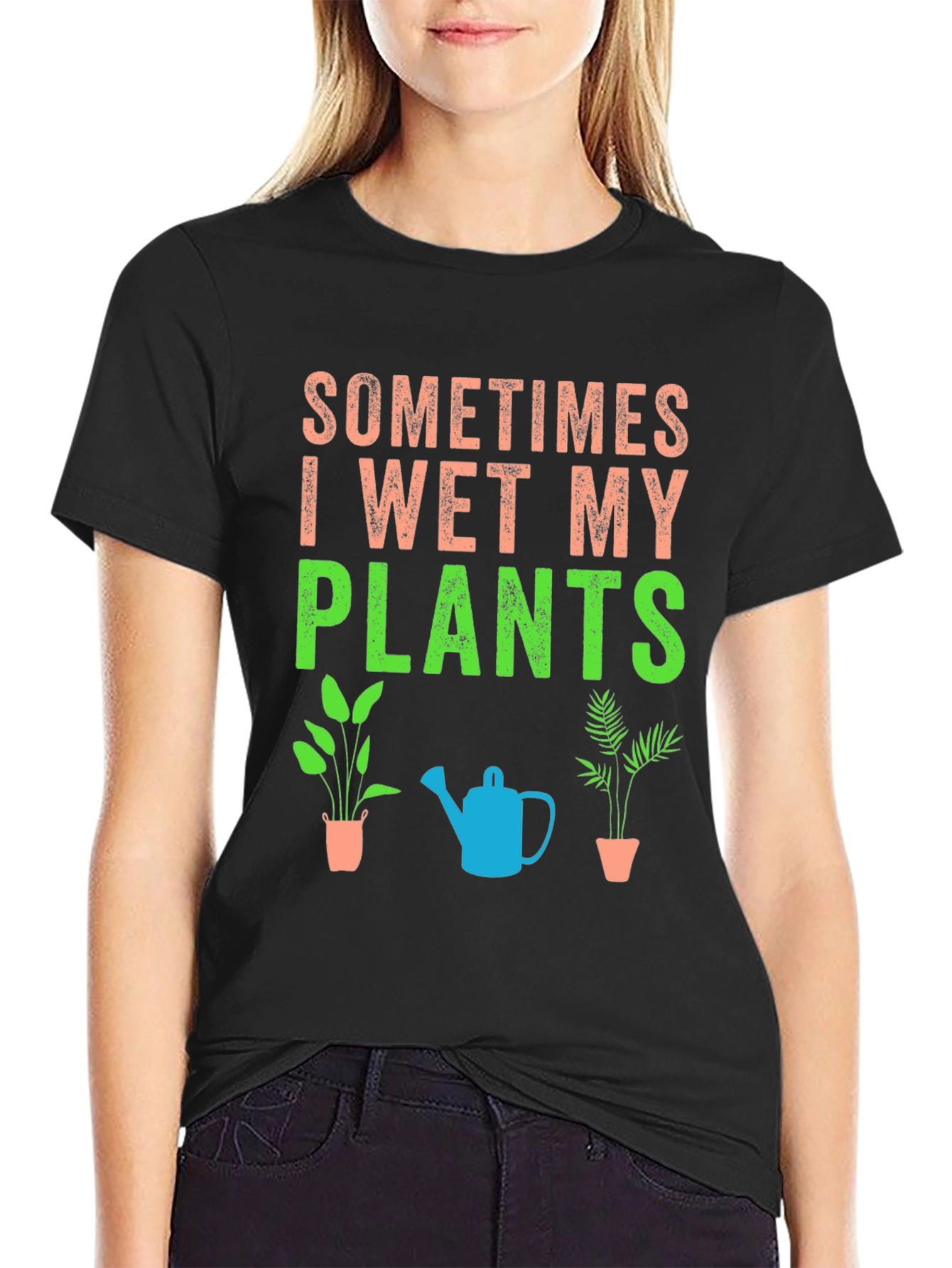 Black Funny Plant Lover T-Shirt: Sometimes I Wet My Plants view 2
