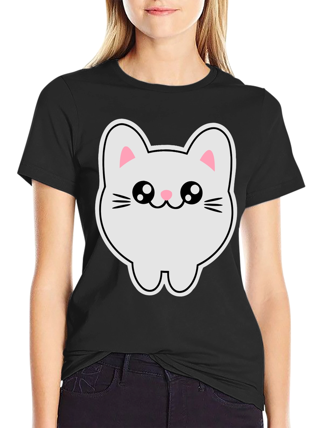 Black Cute Kawaii Cat T-Shirt - Black Cotton Tee view 2