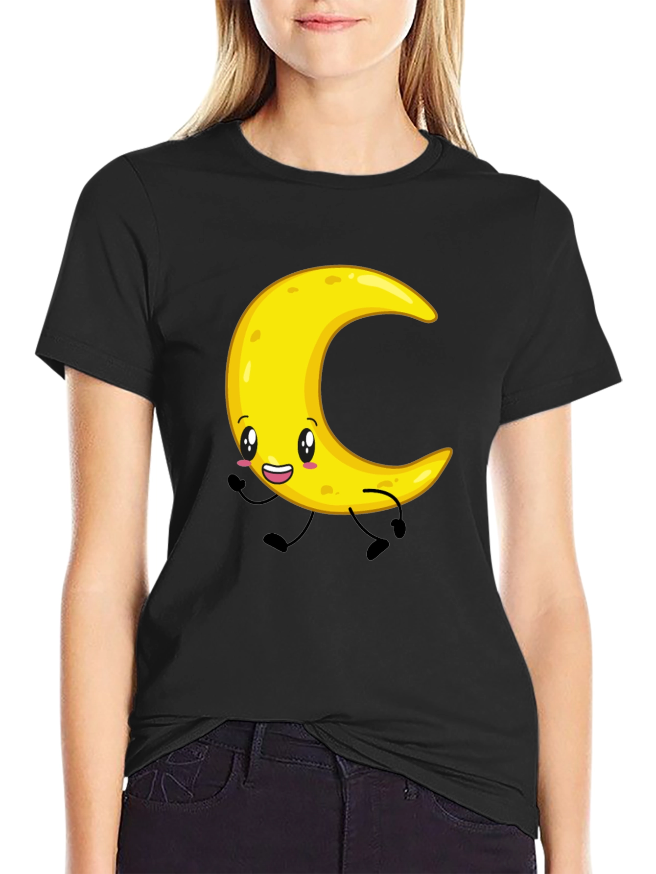 Black Crescent Moon Cartoon Graphic Tee - Black view 2