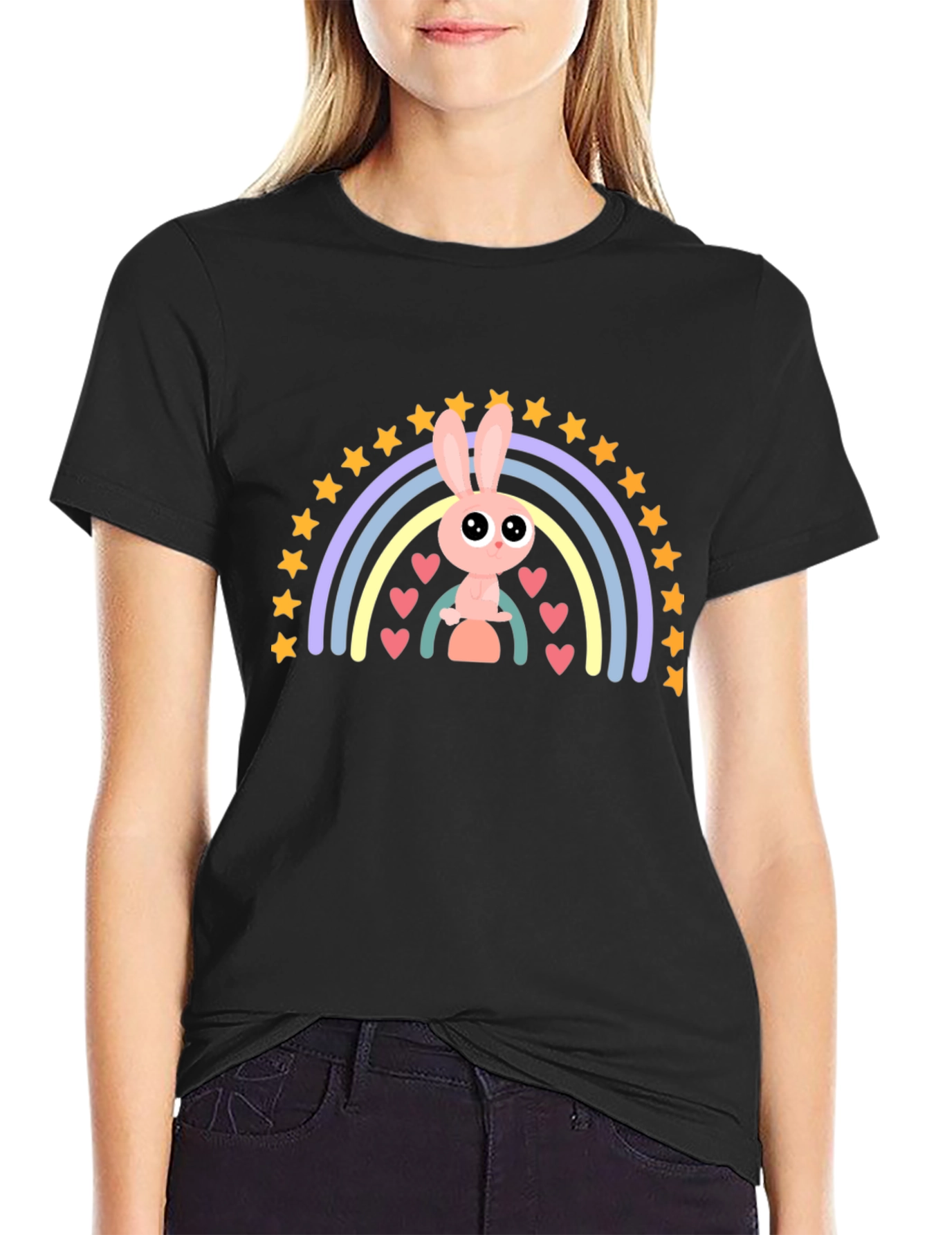 Black Cute Bunny Rainbow Graphic Tee - Soft Black Cotton T-Shirt view 2
